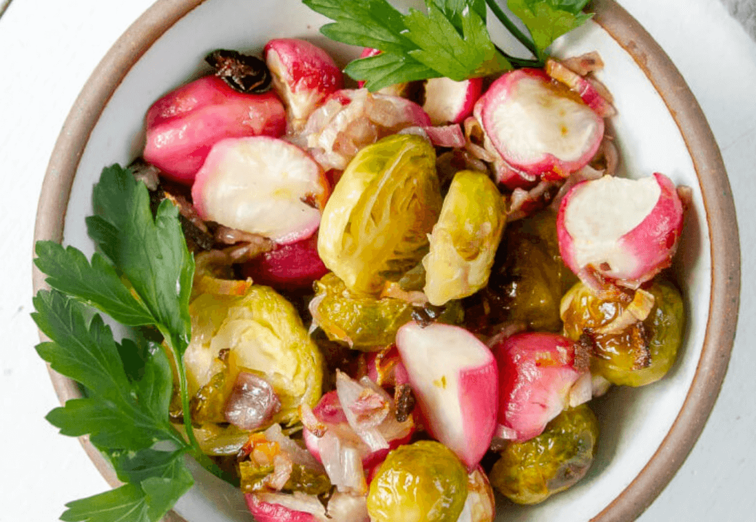 Roasted Brussels Sprouts & Radishes